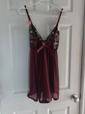 Burgundy Lace-Embellished Babydoll Chemise And Matching G String